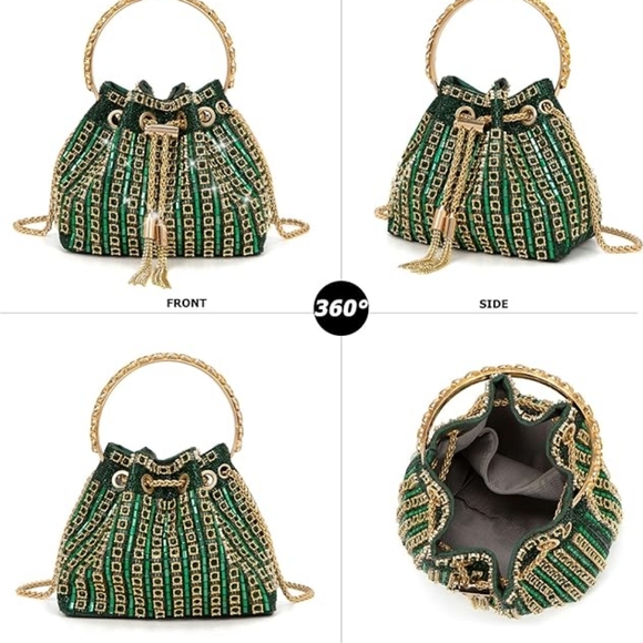 Green Diamante Bucket Handbag Rhinestone Clutch Purse Evening - Picture 2 of 3